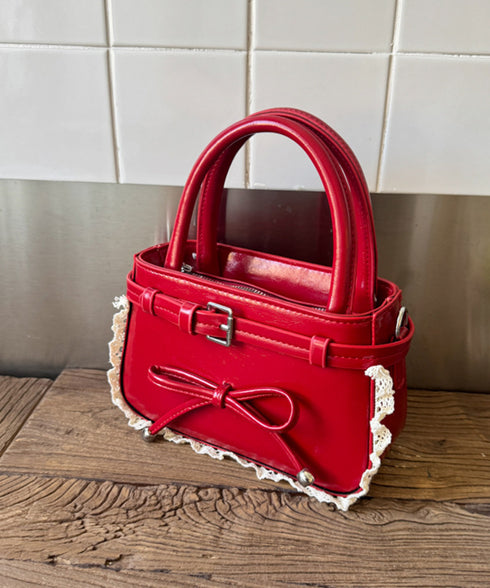 ショルダーバッグ 小さめ フェイクレザー ハンドバッグ スクエア 2way 肩掛けバッグ リボンデザイン 大人かわいい手提げ鞄 レース 斜め掛けカバン フェミニン 77YUEL-002